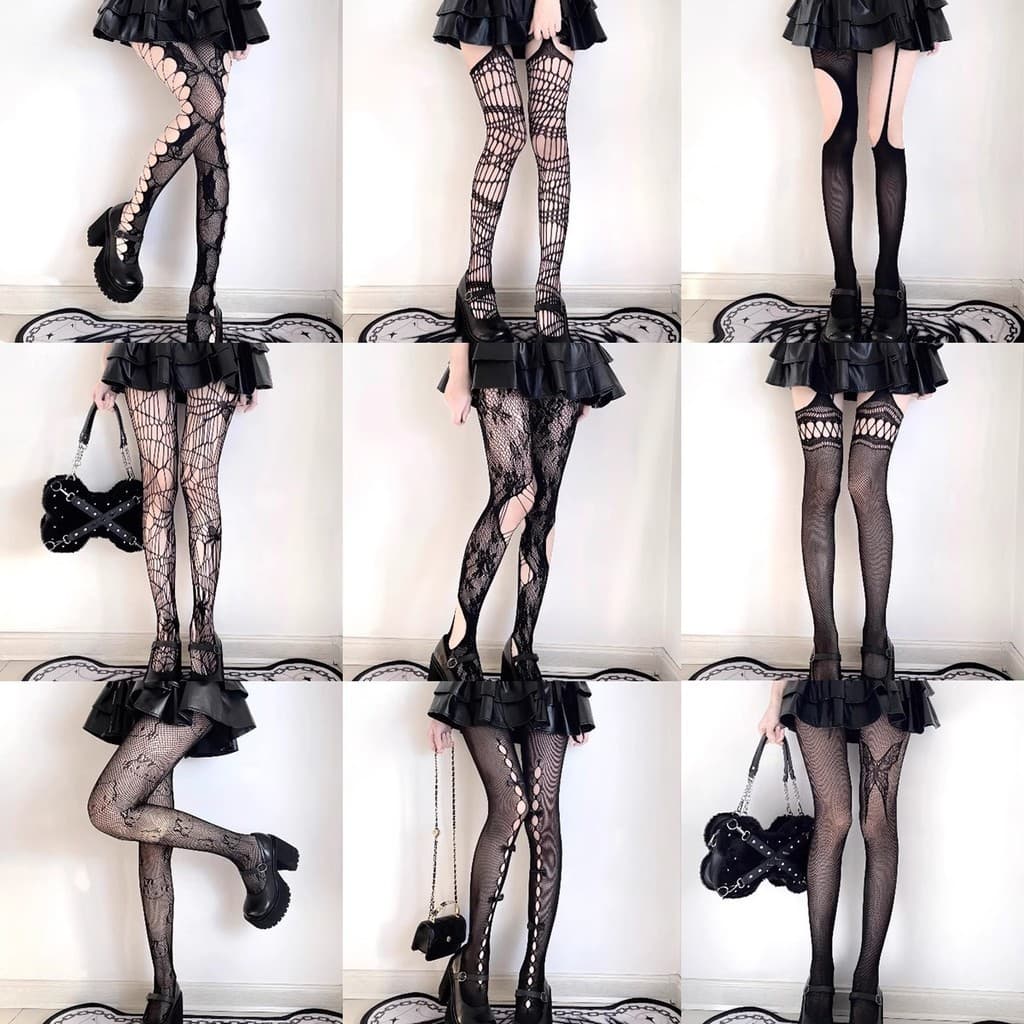 Preto Estilo Gótico Meia-Calça Arrastão Meias Femininas Irregular Rasgado Longo Tubo Alto Liga Menina Quente Y2k