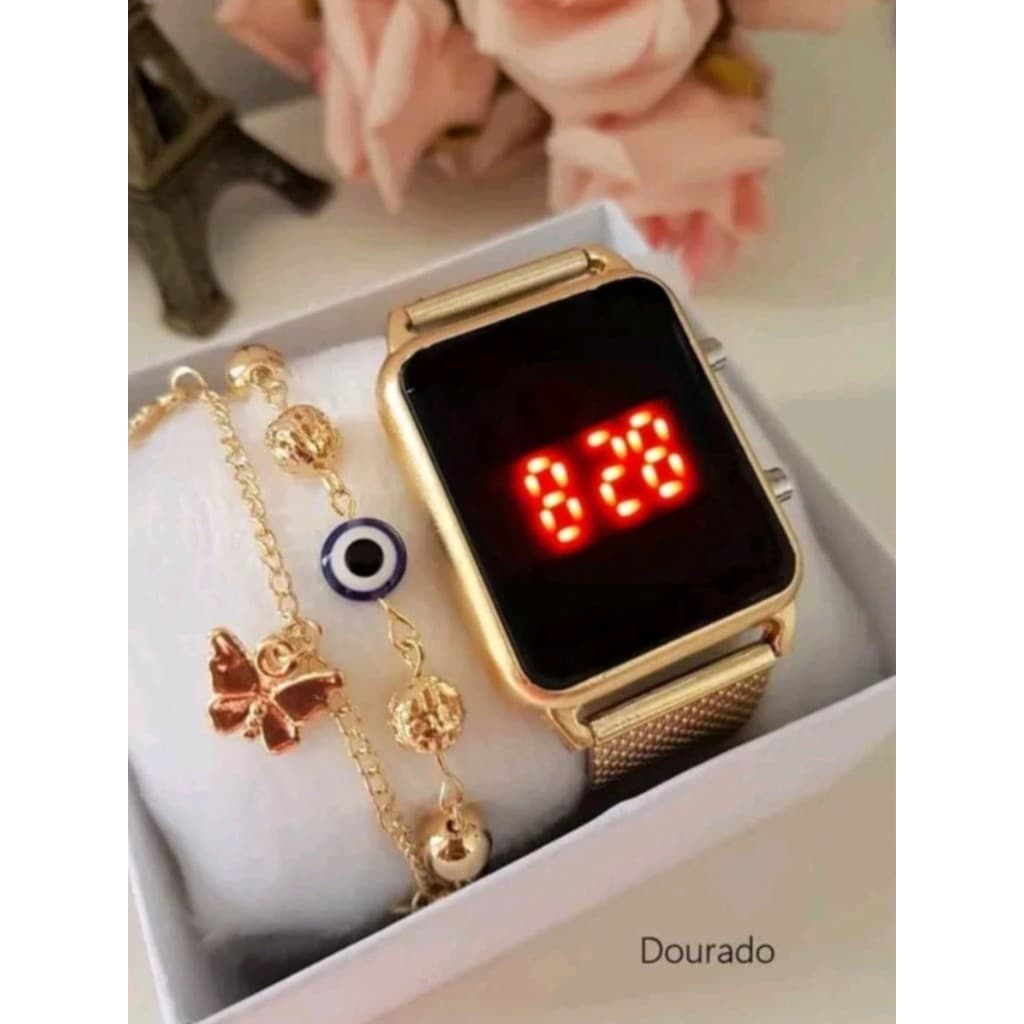 Relógio Feminino Digital Quadrado + PUSEIRA Folheadas 11 rn