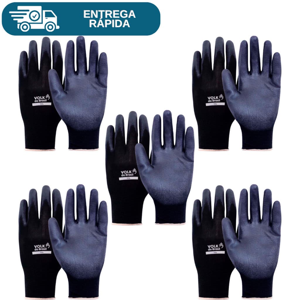 Kit 5 Prs Luva De Segurança Multitato Tatil Tato Poliamida Com Banho PU Antiestática Mecânico Pedreiro Serviços Gerais