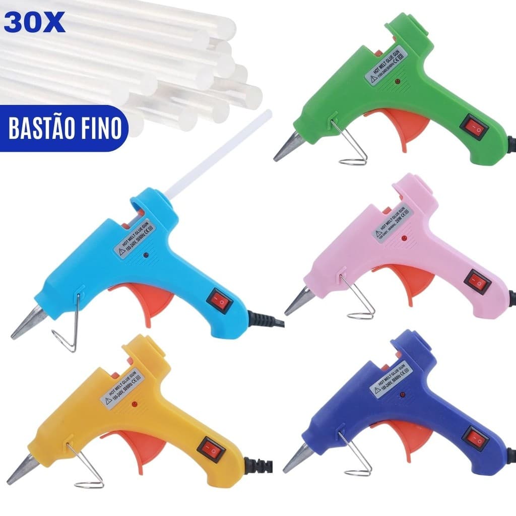 Pistola de Cola Quente Bico Fino Profissional Não Pinga 20W + 30 Bastões Botão LIGA/DESLIGA Bivolt