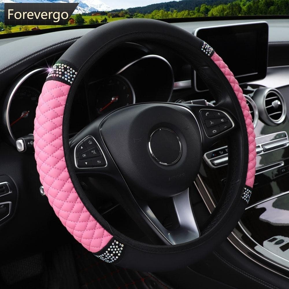FOREVERGO Universal Capa Do Volante Carro Em Couro Bordada Cor Diamantada Elástica 37-38cm O9Z7
