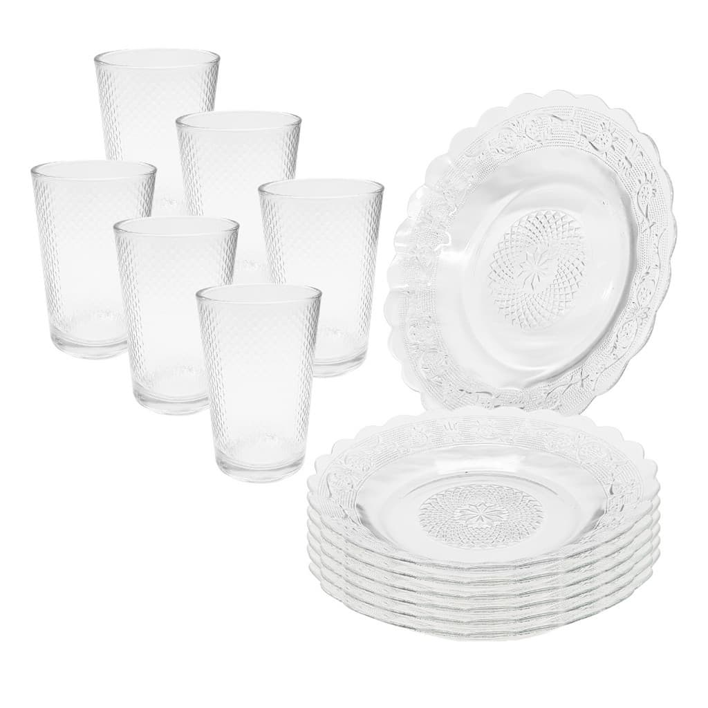 Jogo 12 Peças Aparelho de Jantar 6 Pratos Fundo Liso Vidro + 6 Copos Latino