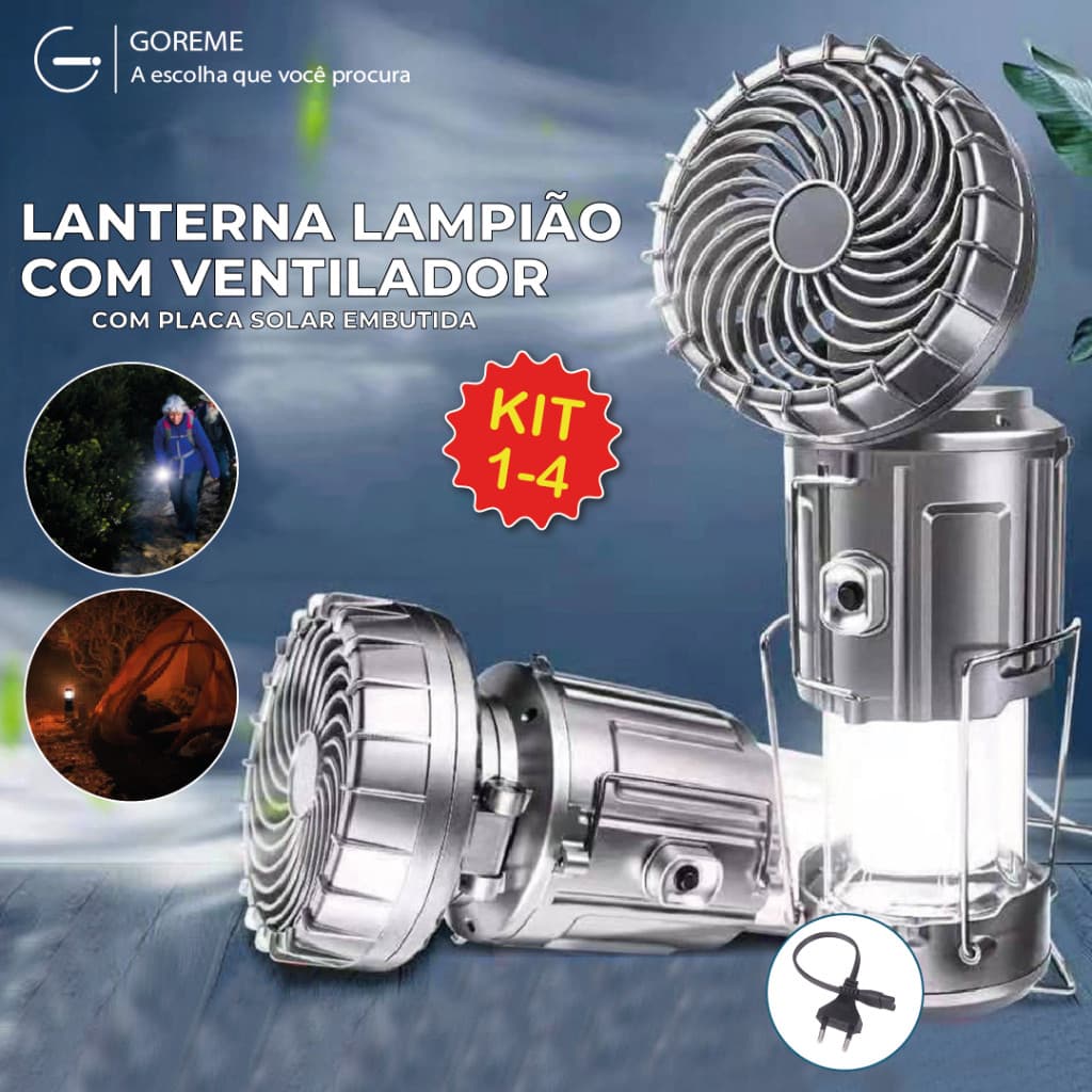 Lanterna Lampião com Ventilador LED c/ Placa Solar embutida Recarregável via usb e tomada