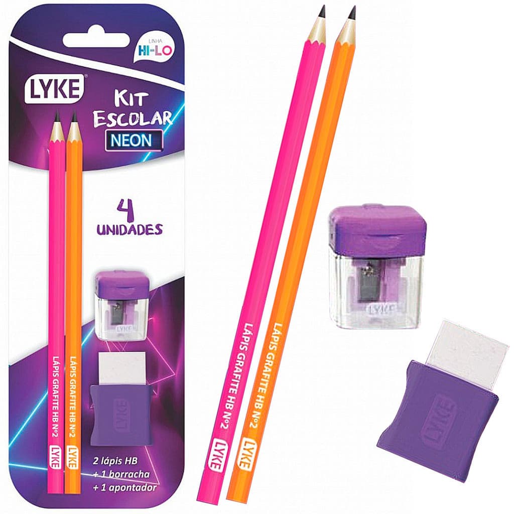 Lapis De Escrever Grafite Kit 4 uni Borracha Apontador Neon