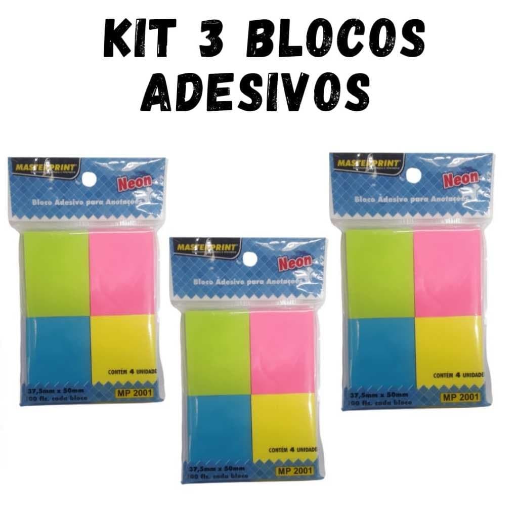 Kit 3 Blocos Adesivo para Anotações 4 cores Neon 1200 Folhas Masterprint
