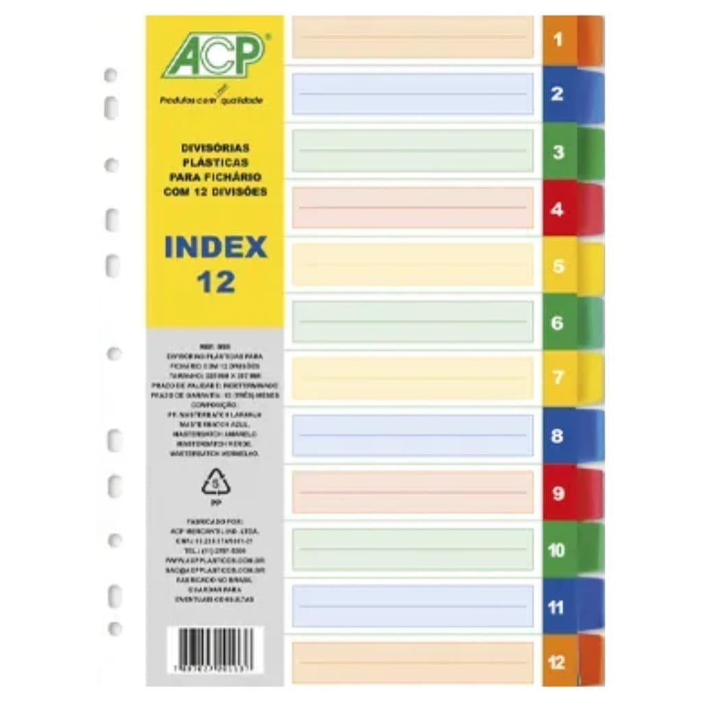 Divisória Plástica Para Fichário Colorida com 12 Divisões - ACP