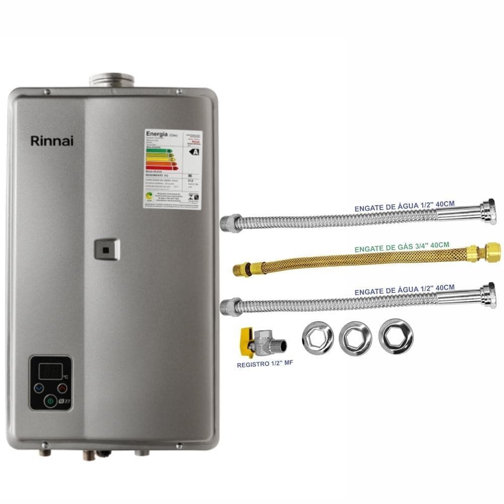 Aquecedor Rinnai 27 Litros E27 FEH GN Prata (Digital) Com Conjunto De Ligação 40cm