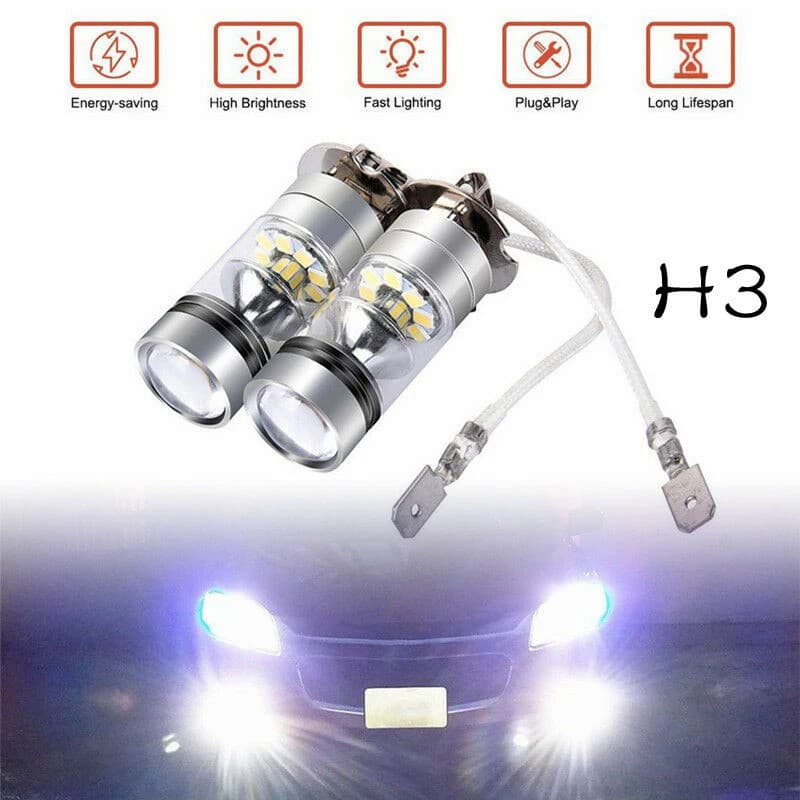 2PCS De Conversão De Faróis De Nevoeiro LED H3 Lâmpadas High Low Beam 100W 6000K Super White  De  Automática 12V 24V