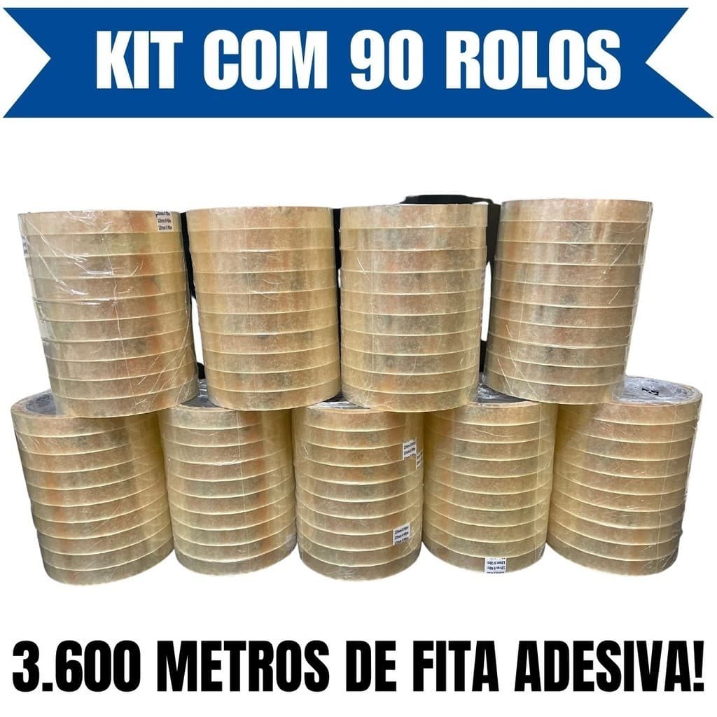 Kit com 90 Rolos Fita Adesiva Durex fino Transparente 12mm X 40m