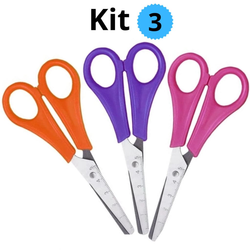 Kit 3 Tesouras Escolar 13cm Sem Ponta Infantil Cabo Colorido Masterprint