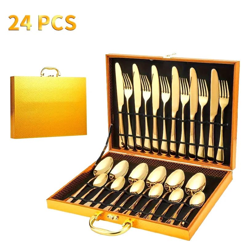 Jogo Talheres 24 Peças Faqueiro  Dourado Aço Inox Premium Luxo cozinha Com Maleta