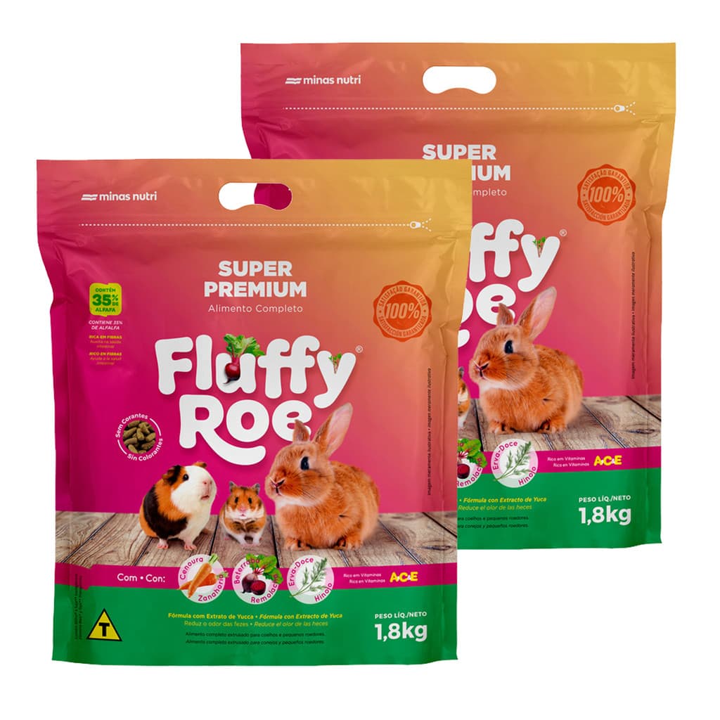 FLUFFY ROE 1,8kg Extrusado Premium Roedores - 2 unidades - Hamster / Coelhos / Porquinho da India