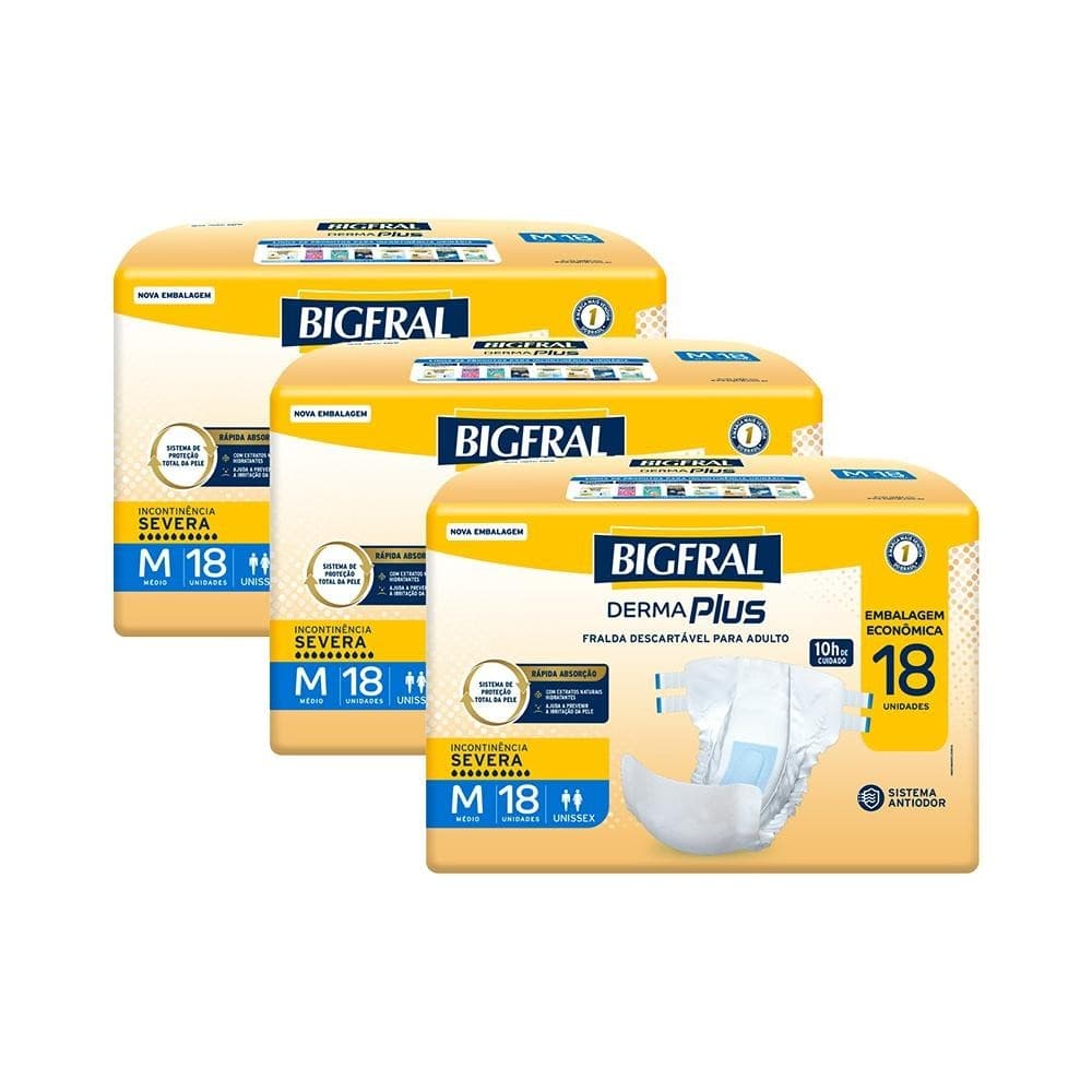 Kit 3 Fraldas Geriátricas Bigfral Derma Plus M com 18un cada