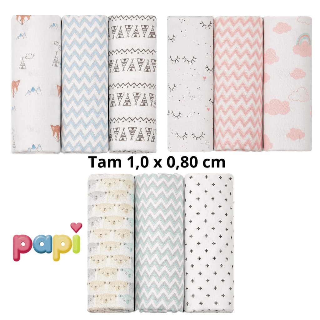 Cueiro Bebe Flanelado Grande Papi Baby 1,0x80 Estampado 3 unidades Rolinho Charutinho