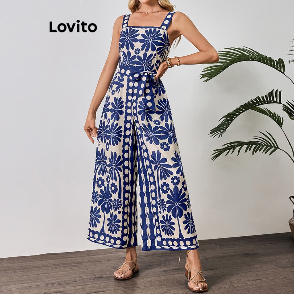 Lovito Macacão Boho Floral Com Cinto De Verão Para Mulheres LBL20623