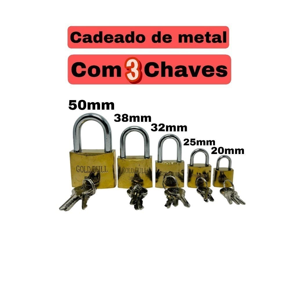 01 Unidade De Cadeado Com 3 Chaves Tamanho Pequeno a Grande 20x25x32x38x50mm