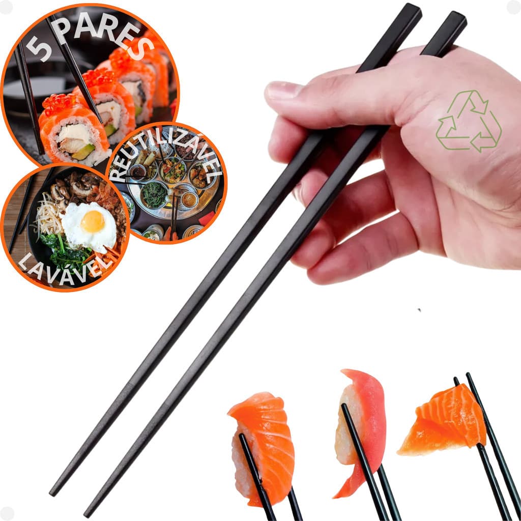 Kit 5 Pares Hashi 24cm Reutilizável Preto Pauzinhos Japoneses Comida Japonesa Coreana Chinesa