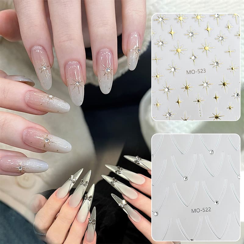 3D Strass Ouro Prata Estrela Lua Bronzeamento Adesivos De Unhas Linha Simples Design Luz Decalques Luxo Da Arte Do Prego