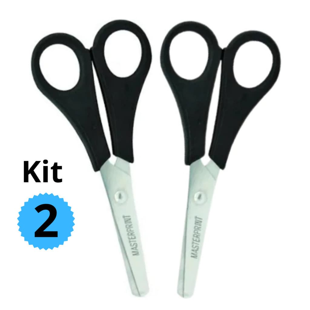 Kit 2 Tesouras Escolar Cabo Preto Infantil 13cm Sem Ponta Masterprint