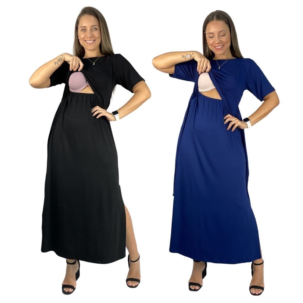 Kit 2 Vestido Amamentação Longo Viscolycra Premium Gestante Maternidade Moda Evangélica Amamentar