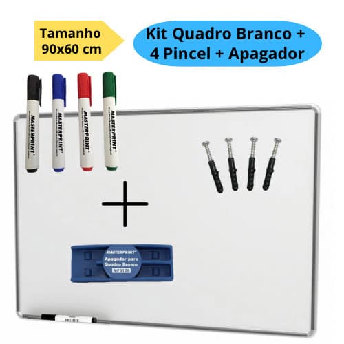 Lousa Branca Quadro Branco 90x60cm + 4 Pincel Marcadores  + 1 Apagador Didática Média