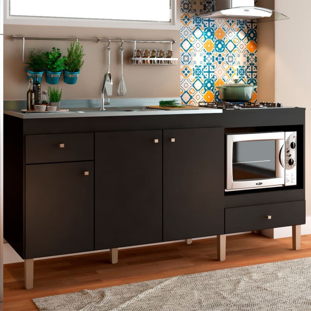 Armário de Cozinha Compacta para Pia 3 Portas 2 Gavetas Espaço para Forno e Cooktop Itália Preto - Panorama Móveis