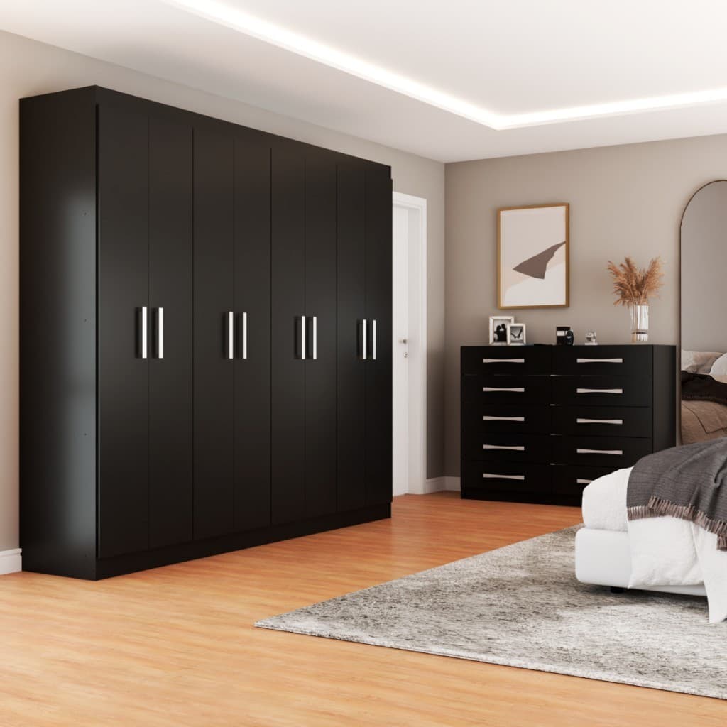 Quarto de Casal Ele e Ela Guarda-Roupa 8 Portas e 8 Prateleiras Cômoda 10 Gavetas