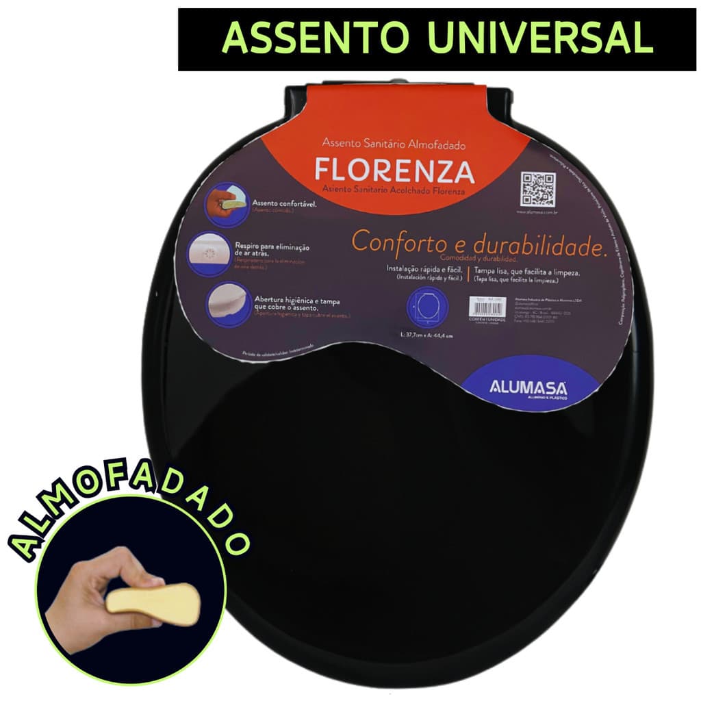 Assento Sanitário Tampa Vaso Almofadado Preto Alumasa Florenza Universal Deca Celite Logasa Incepa