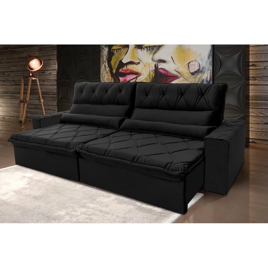 Sofá Retrátil Reclinável França 3,00m Suede Velut Preto  Molas no Assento - King House