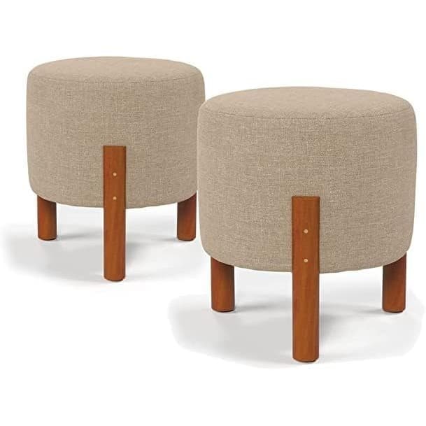 kit Puff Redondo Luxo Decorativo Charme com Pés de madeira Linho Bege