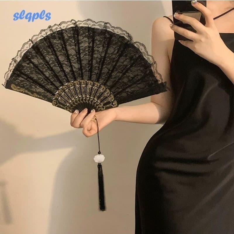 Ventilador Dobrável De Renda Retro Artesanal Pano De Dança Chinês Decorativo De Mão