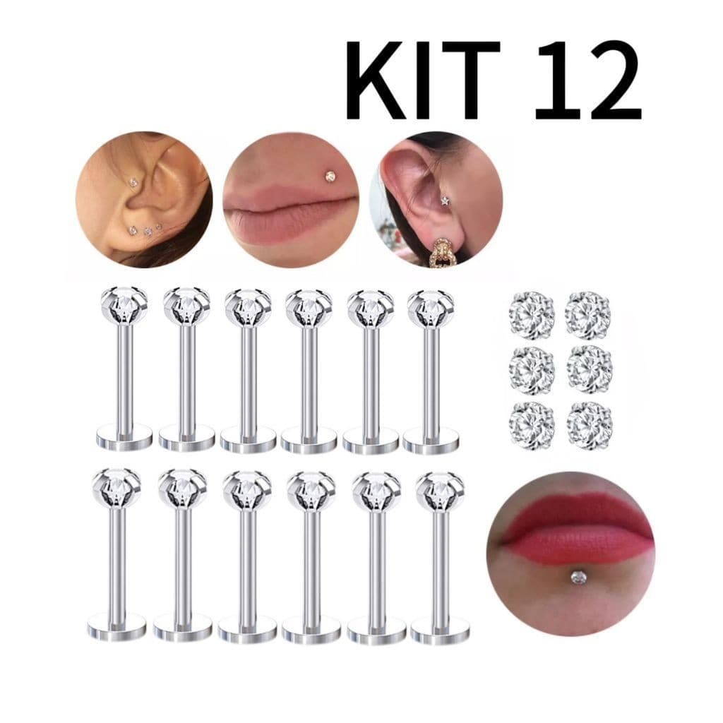 Kit 12 Piercing Labret Ponto De Luz (2.5mm) Helix Tragus Conch Aço Cirúrgico 8-10mm sophia