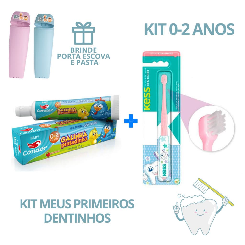Kit Higiênico Meus Primeiros Dentinhos Escova Kess + Creme dental e Porta escova