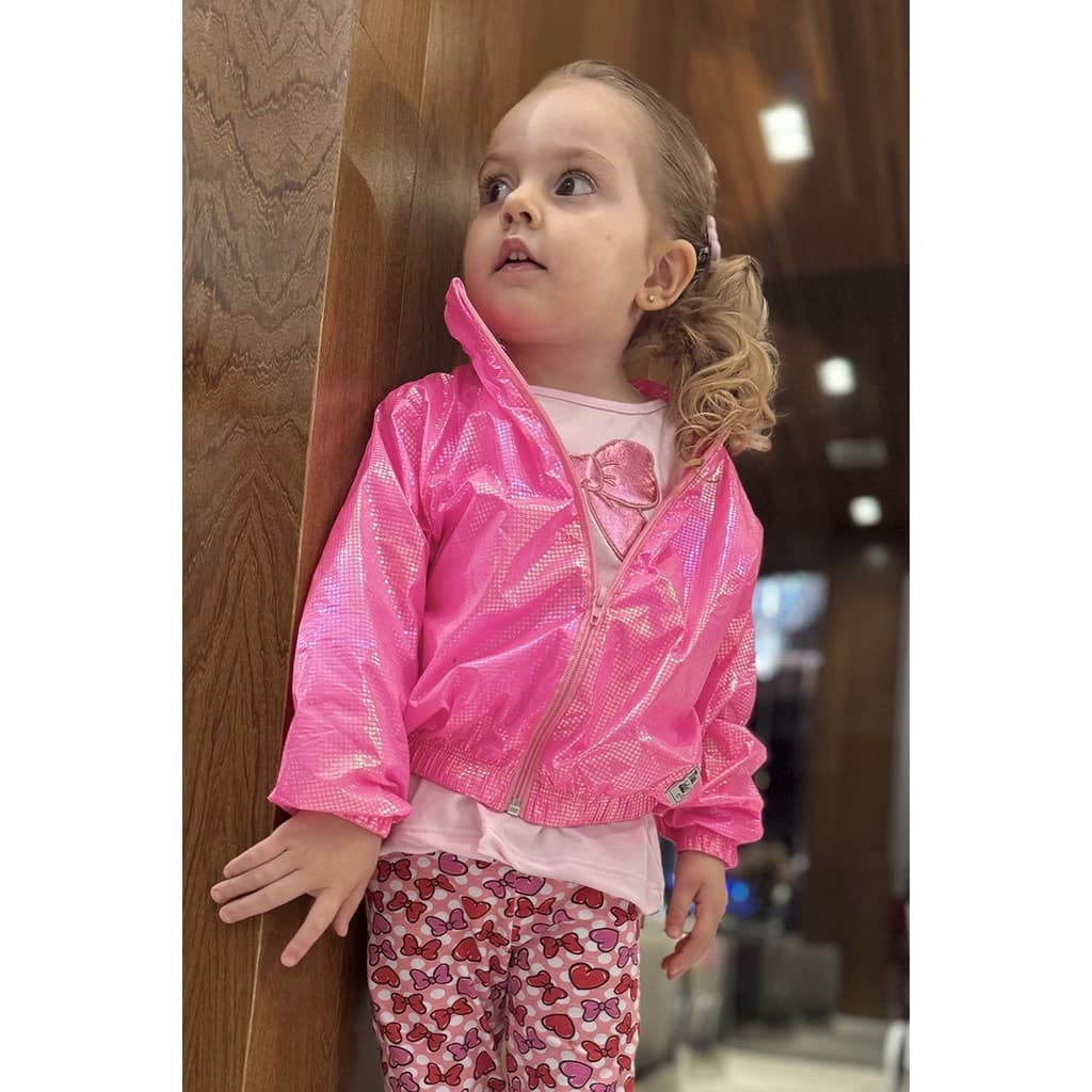 Jaqueta corta vento rosa neon manga comprida zíper holográfica infantil menina