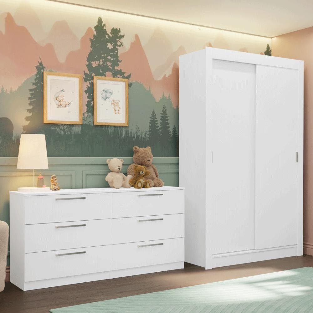 Kit Guarda-Roupa Infantil Milano 2 Portas de Correr + Cômoda Branco Madesa