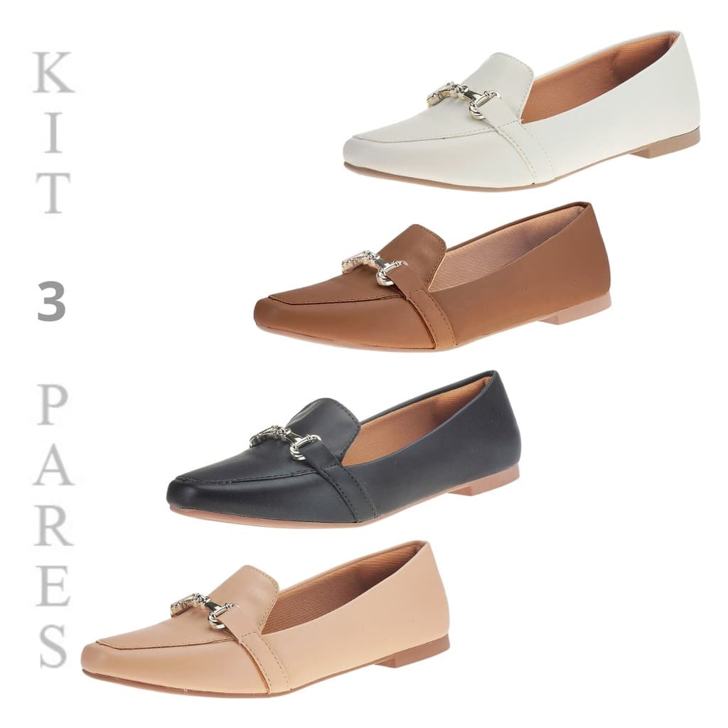 Sapatilha Feminina Bico Quadrado Elegante Macia Casual Kit 3 Pares Mocassim Sapato Rasteiro 160 Promoção