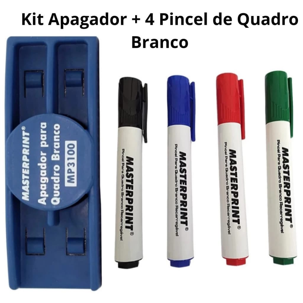 Kit 4 Pincel Para Quadro Branco Diversas Cores Recarregável + Apagador Quadro Branco Masterprint