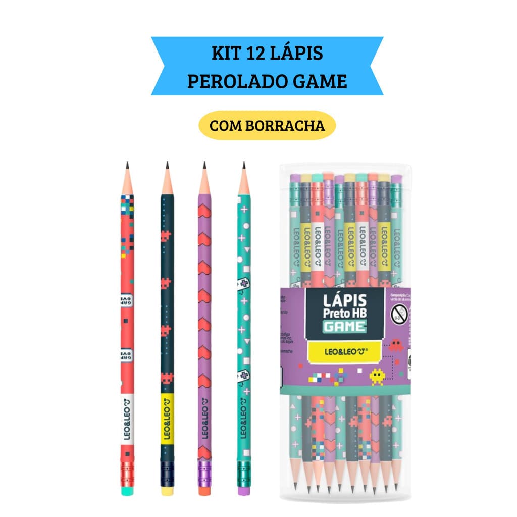 Kit 12 Lápis de Escrever HB Game com Borracha  Escolar  Leo&Leo