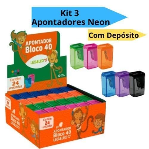 Kit 3 Apontadores Com Depósito Bloco 40  NEON Trend Escolar Escritório Leo&Leo