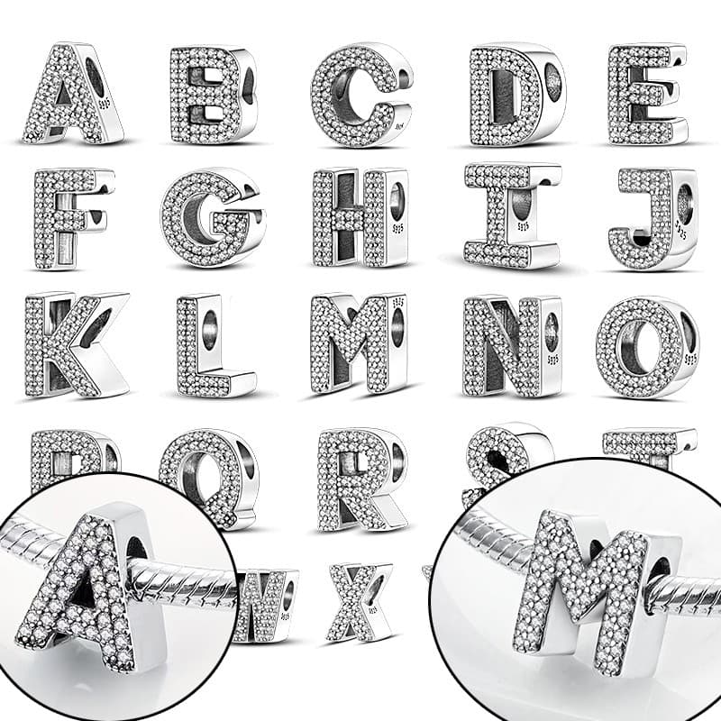 Jóias em prata 925 26 contas com amuleto de letras Amuletos de diamantes brilhantes para pulseira