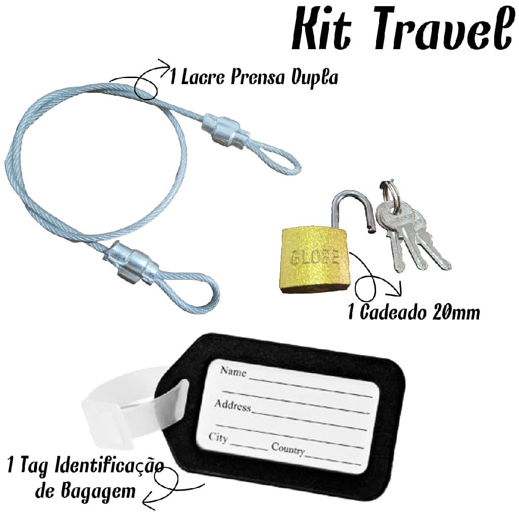 Kit Travel  1 Lacre de Mala em Aço 35cm  + 1 Cadeado 20mm + 1 Tag Identifica