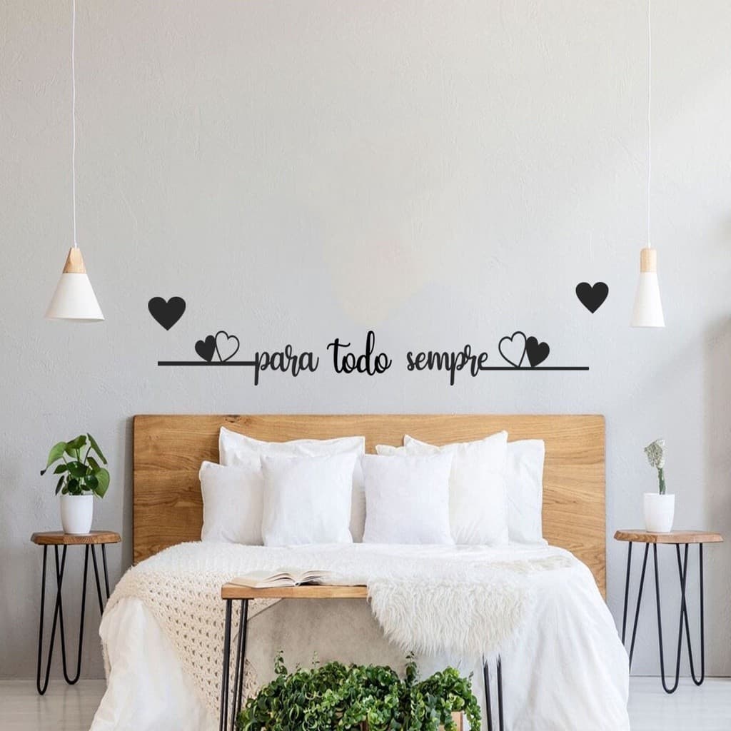 Frase de Parede Para Todo Sempre Dois Corações para Quarto Cama Cabeceira MDF Decoração + 2 aplique coração