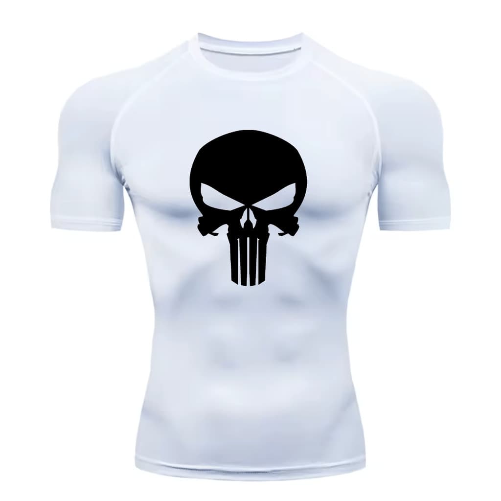 Camisa Compressão Proteção Uv 50+ Estampada Tecido Gelado Segunda Pele Manga Curta Símbolo Justiceiro Caveira Rash Guard