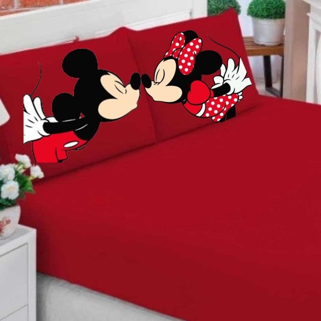 Jogo De Lençol Casal/Queen/King 3 Peças Tematico Diversos Ideal Para Cama Box Mickey e Minnie Beijo