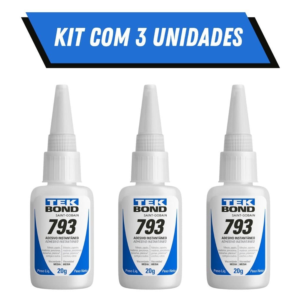 Kit 1/2/3 Unidades Colas Instantâneas TekBond 793 Super Bonder 20g - Adesivo Multiuso Para /Plástico/Metal e Borracha