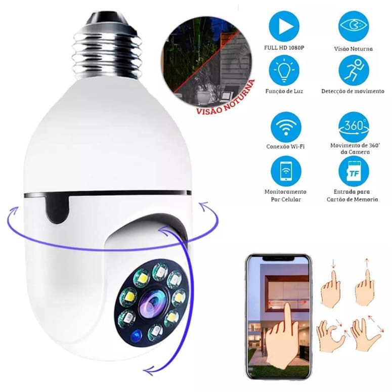 Câmera 8177 segurança wifi ip sem fio 360 com encaixe lampada bocal aplicativo yoosee ptz full HD visão noturna bivolt