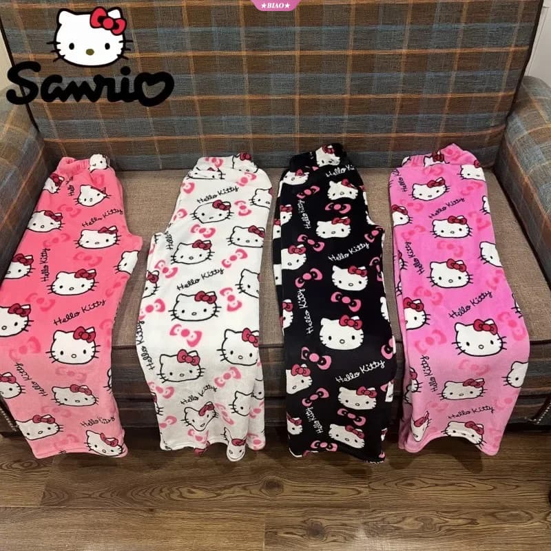 Sanrio Hello Kitty Flanela Pijamas Preto Feminino De Lã Quente Calças Casuais Em De Moda De Outono Inverno