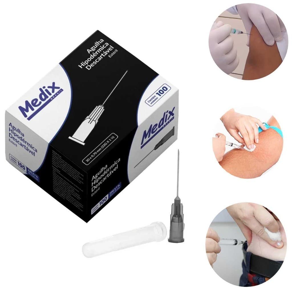 Agulha 30x70 22G Preta 100 Unidades Hipodérmico Estéril Intradérmica Intramuscular