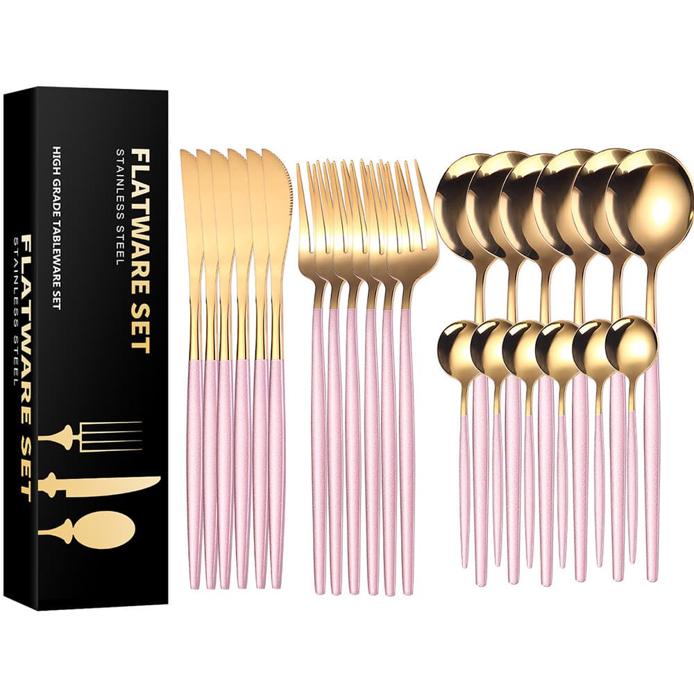 Kit 24 Peças Jogo De Talheres Rosa Dourados Aço Inoxidável 416