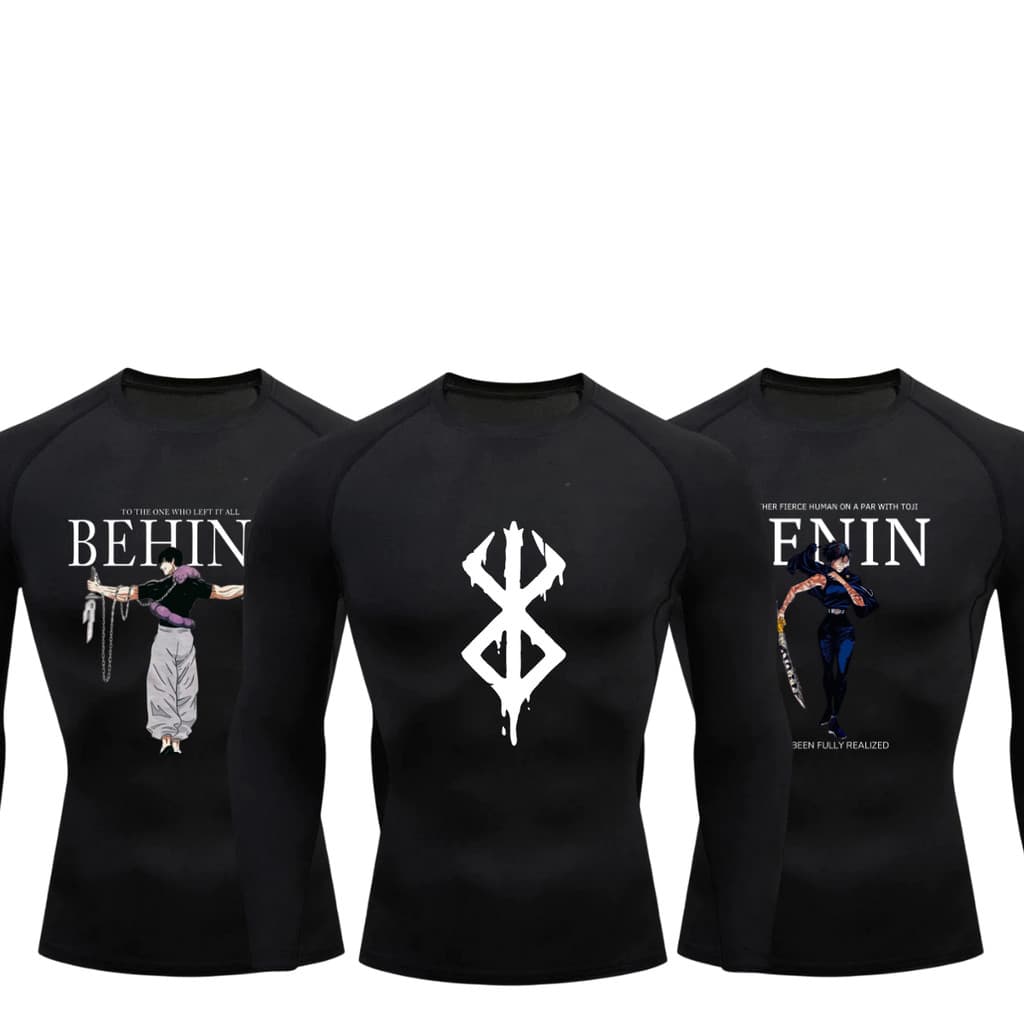 Kit 3 Camisetas Compressão Proteção Uv Estampada Tecido Gelado Segunda Pele Manga Longa Animes Toji Berserk Maki